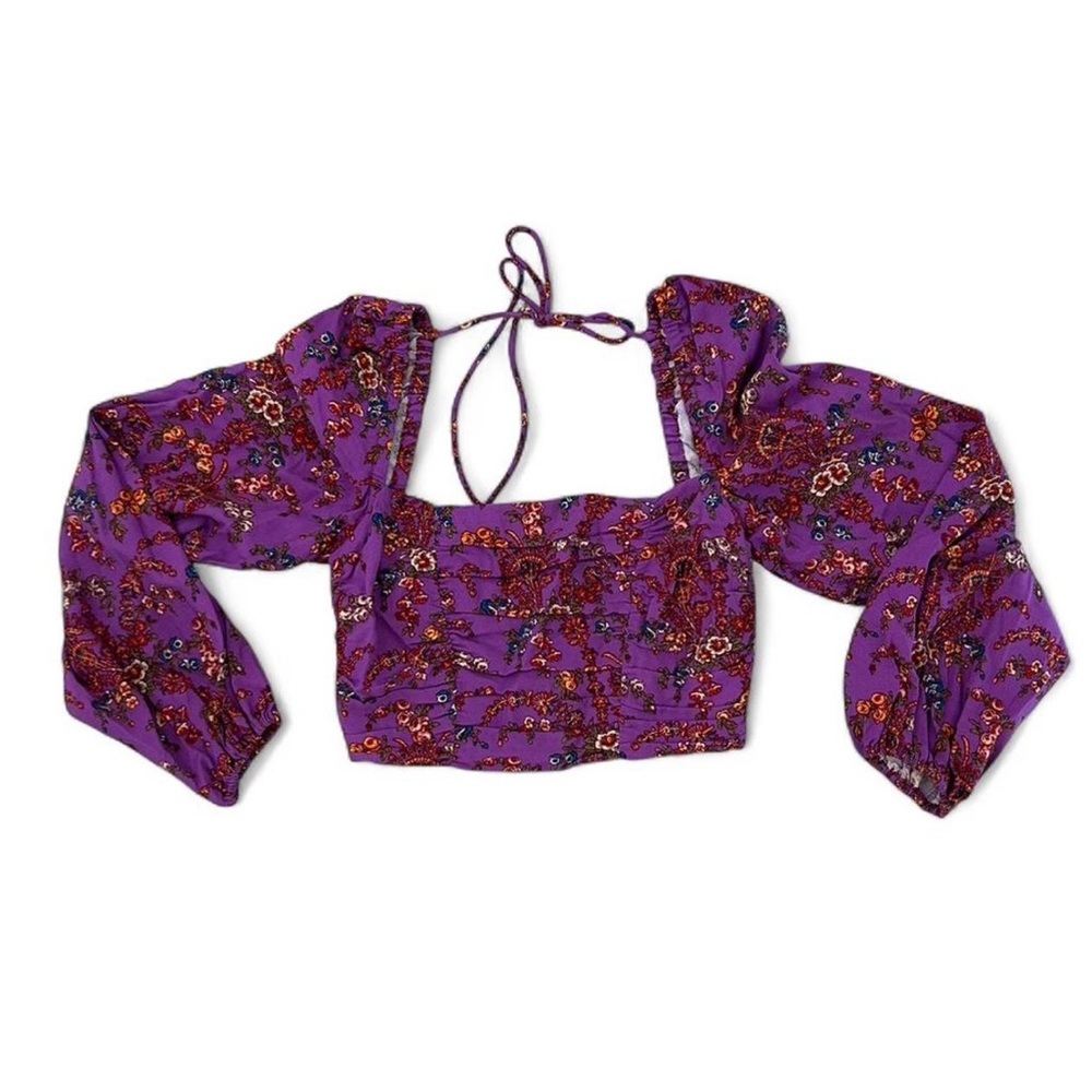 Urban Outfitters Purple and Pink Puff Sleeve Crop Blouse